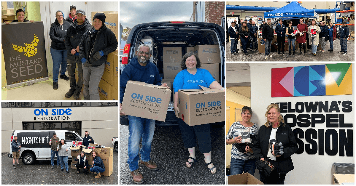 Collage image of the On Side Restoration team doing charity deliveries in Canada